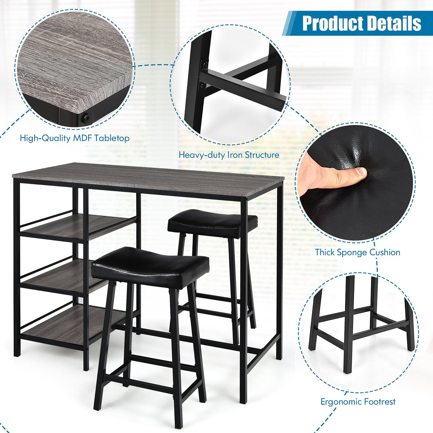 SUGIFT 3 Piece Counter Height Dining Bar Table Set w/2 Stools and 3 Storage Shelves Grey Black
