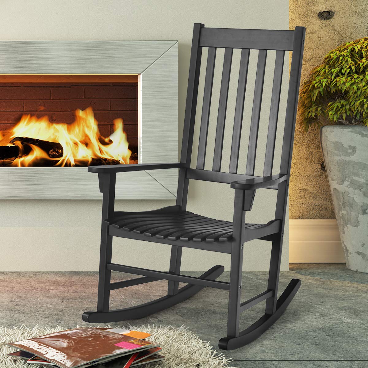 Black Wooden High Back Outdoor Rocking Chair