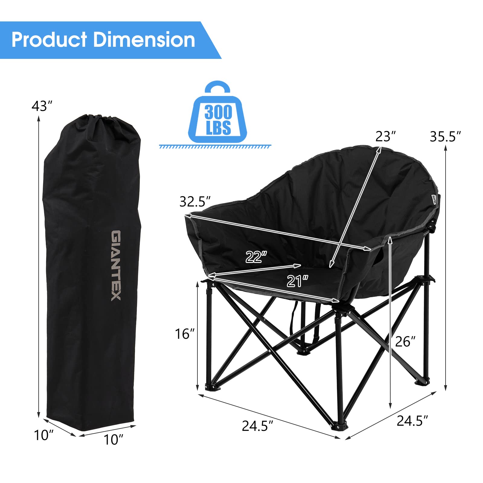 Black Steel Folding Camping Moon Padded Chair with Carry Bag