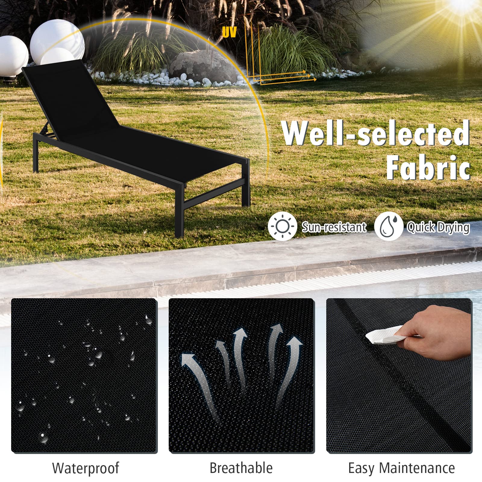 Black Aluminum Adjustable Chaise Lounge Chairs