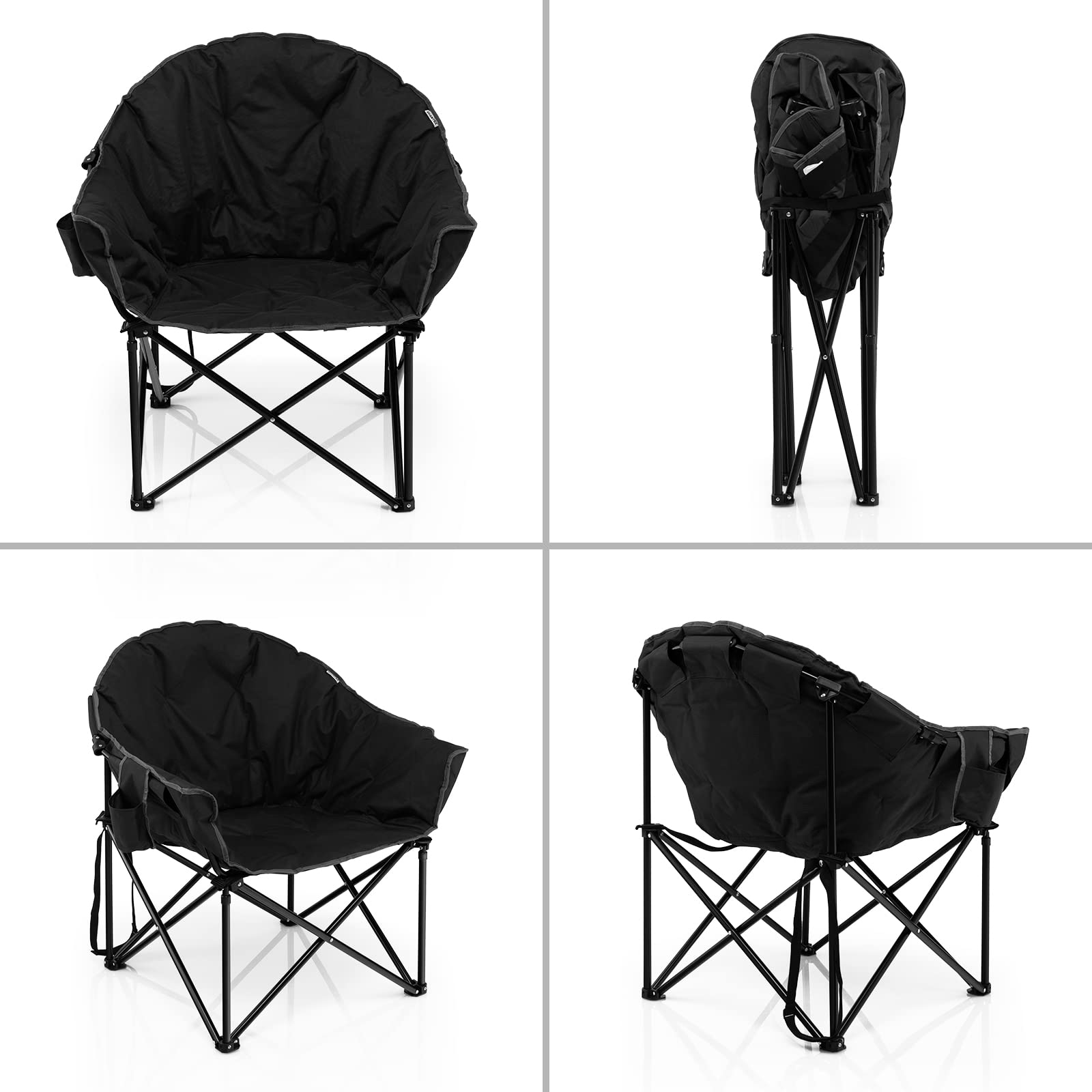 Black Steel Folding Camping Moon Padded Chair with Carry Bag