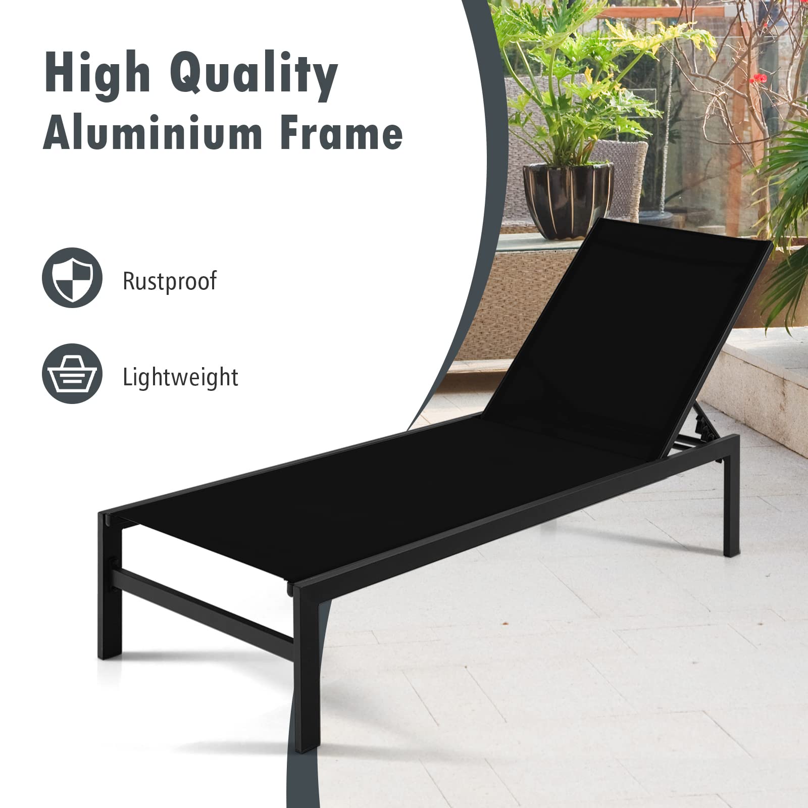 Black Aluminum Adjustable Chaise Lounge Chairs