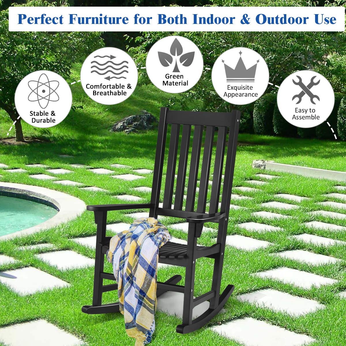 Black Wooden High Back Outdoor Rocking Chair