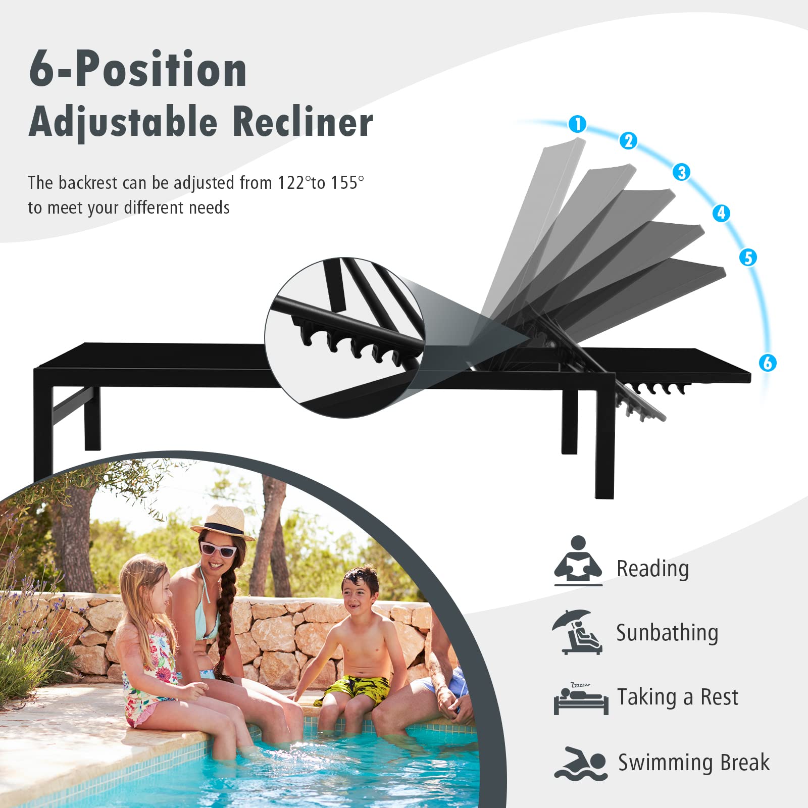 Black Aluminum Adjustable Chaise Lounge Chairs