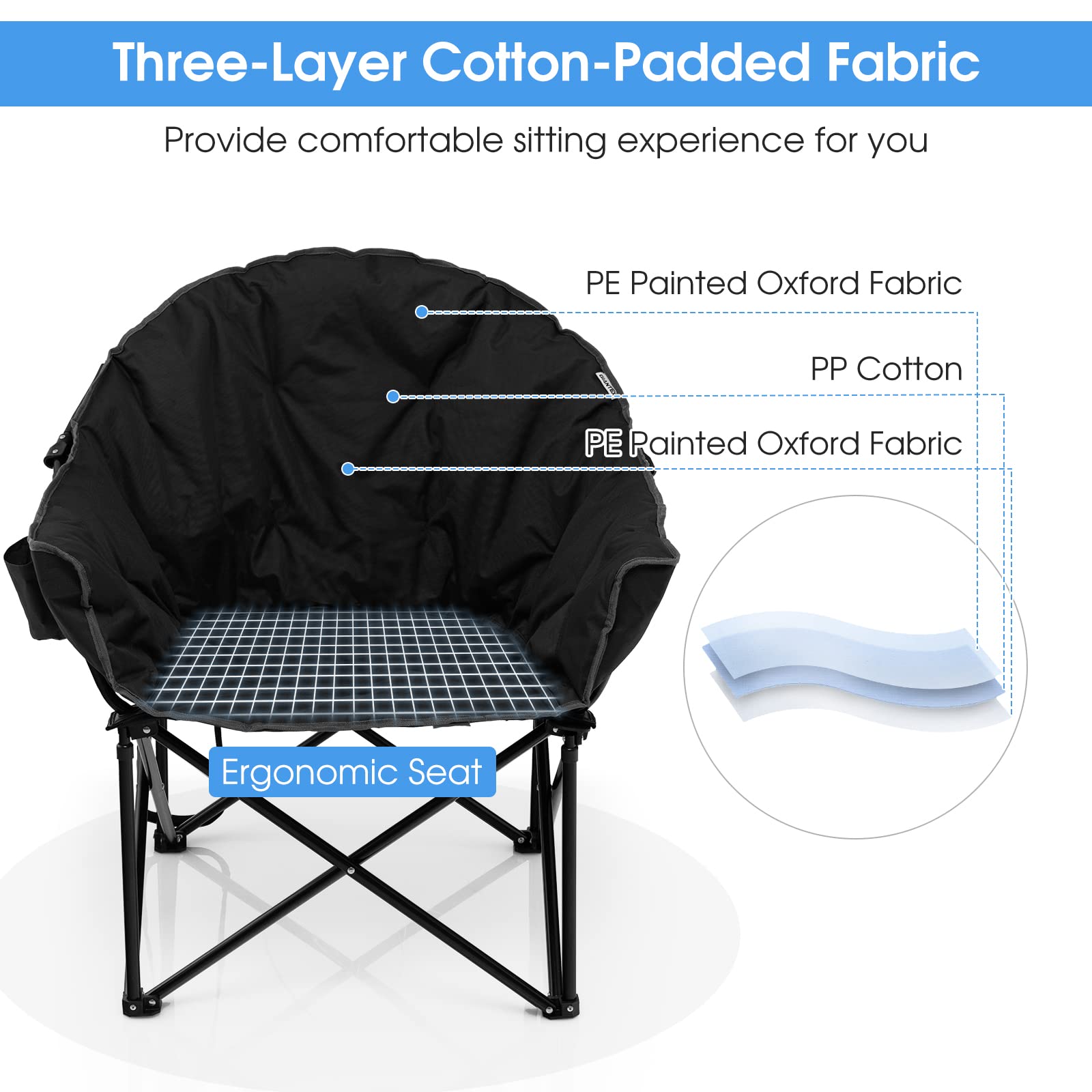 Black Steel Folding Camping Moon Padded Chair with Carry Bag