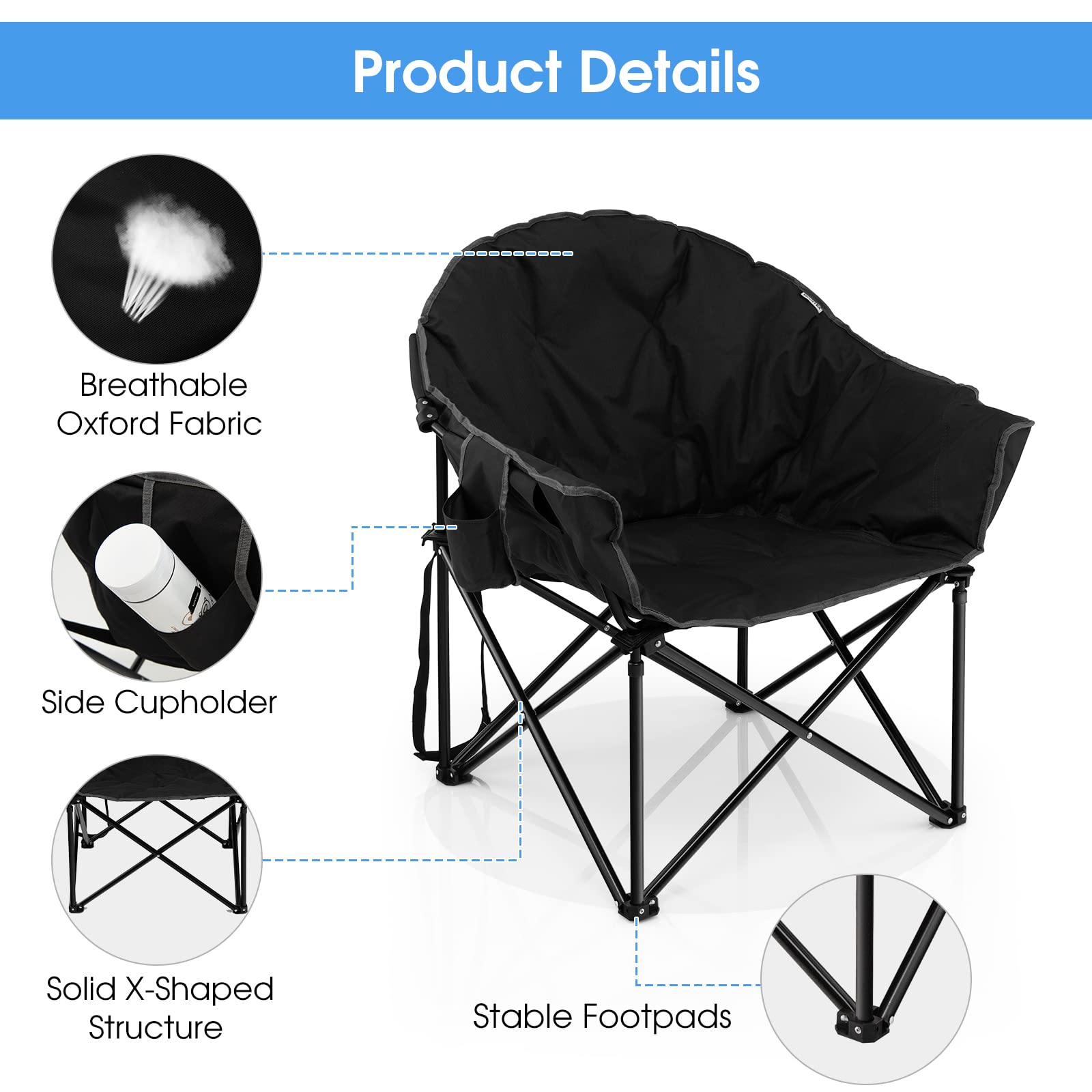 Black Steel Folding Camping Moon Padded Chair with Carry Bag