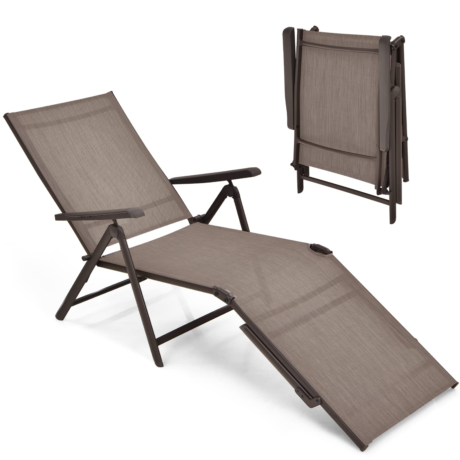Brown Steel Outdoor Foldable Patio Chaise Lounge Chair