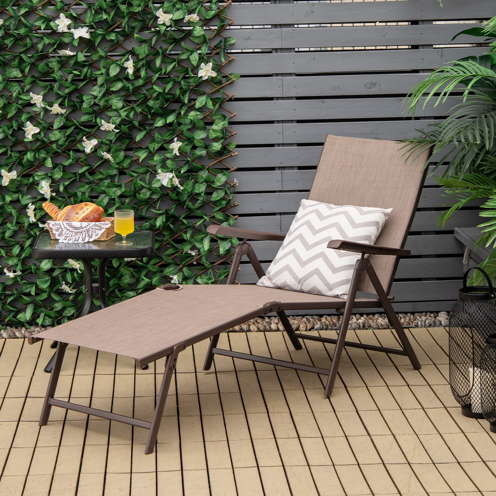Brown Steel Outdoor Foldable Patio Chaise Lounge Chair