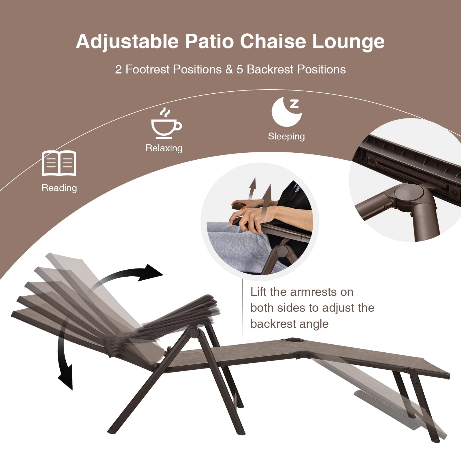 Brown Steel Outdoor Foldable Patio Chaise Lounge Chair