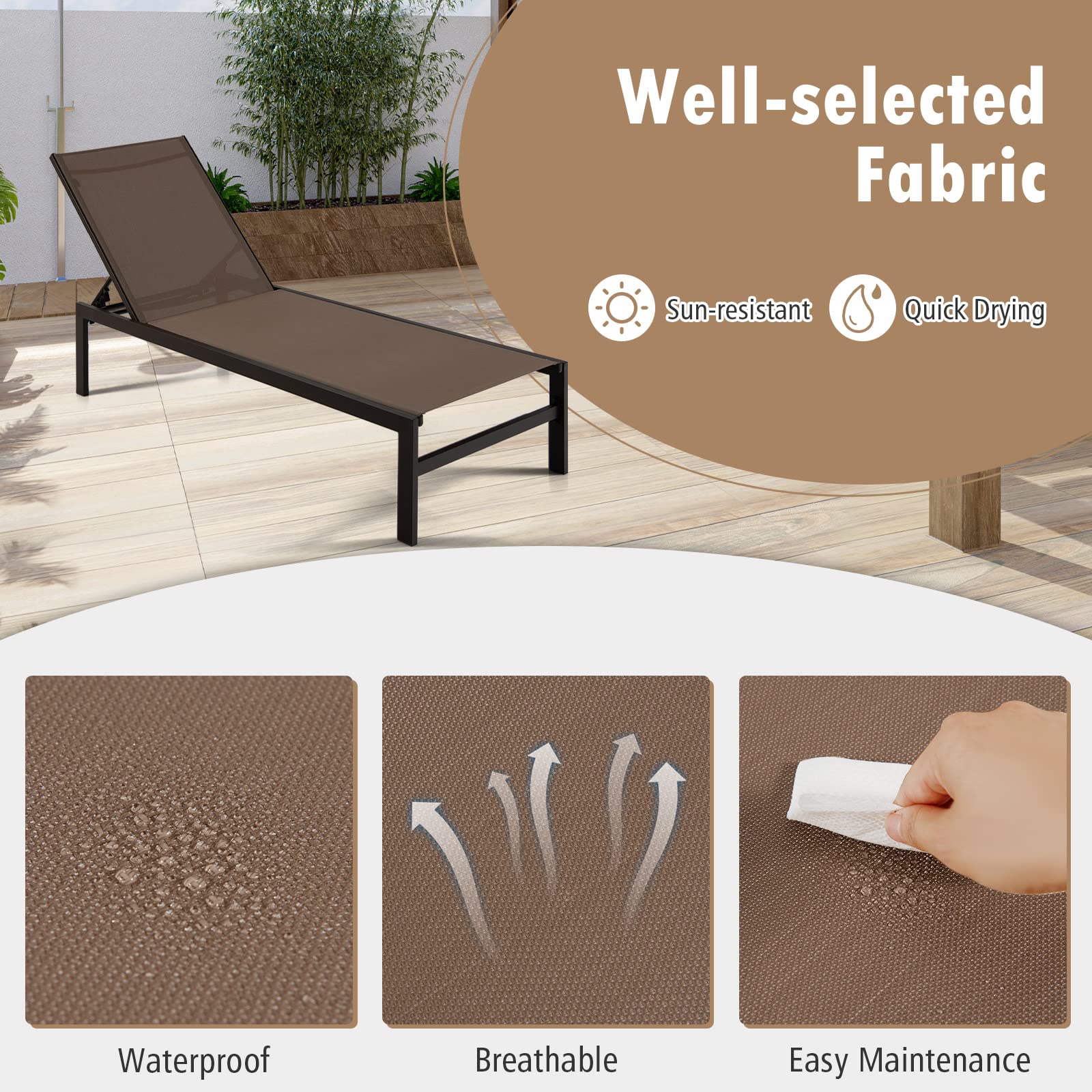 Brown Aluminum Adjustable Chaise Lounge Chairs