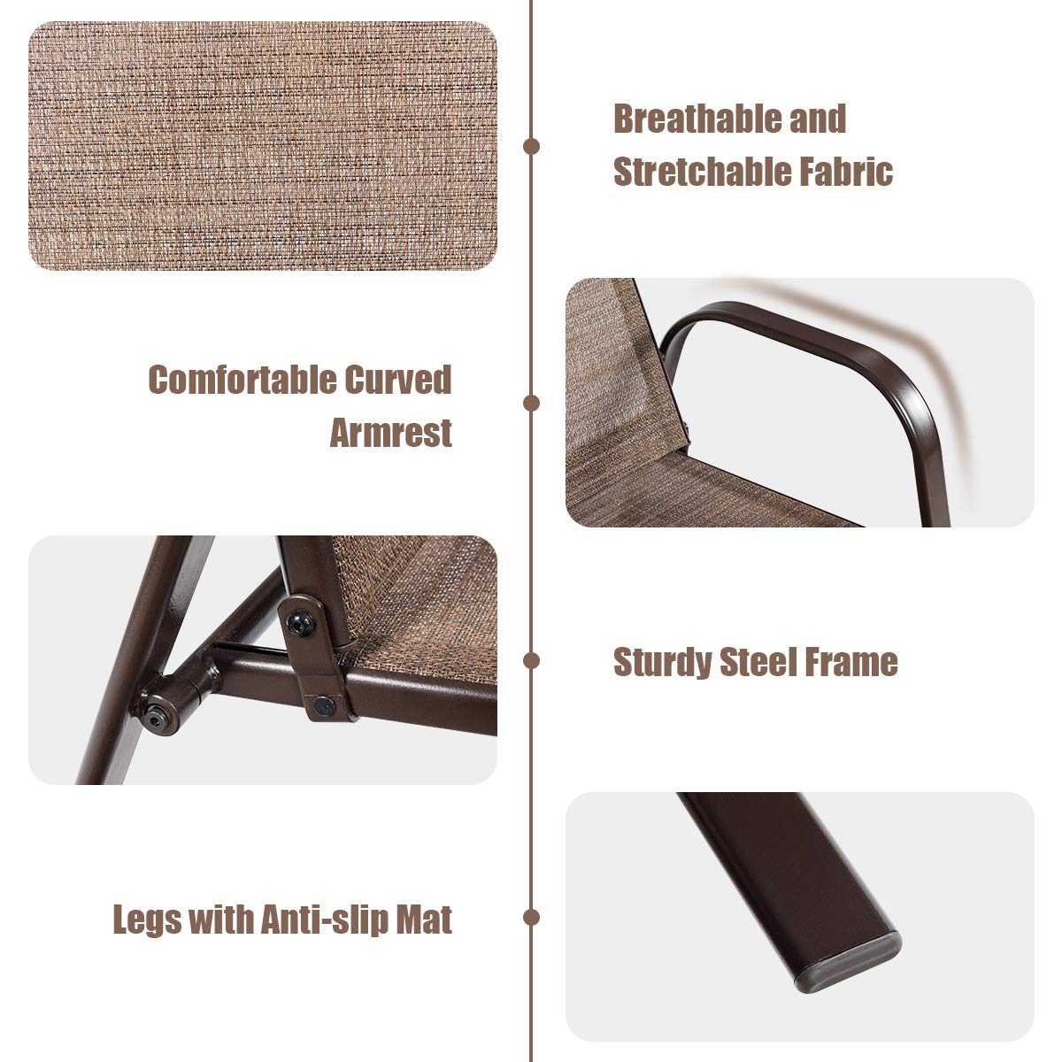 Brown Metal Outdoor Folding Recliner with Armrest (2-Pack)