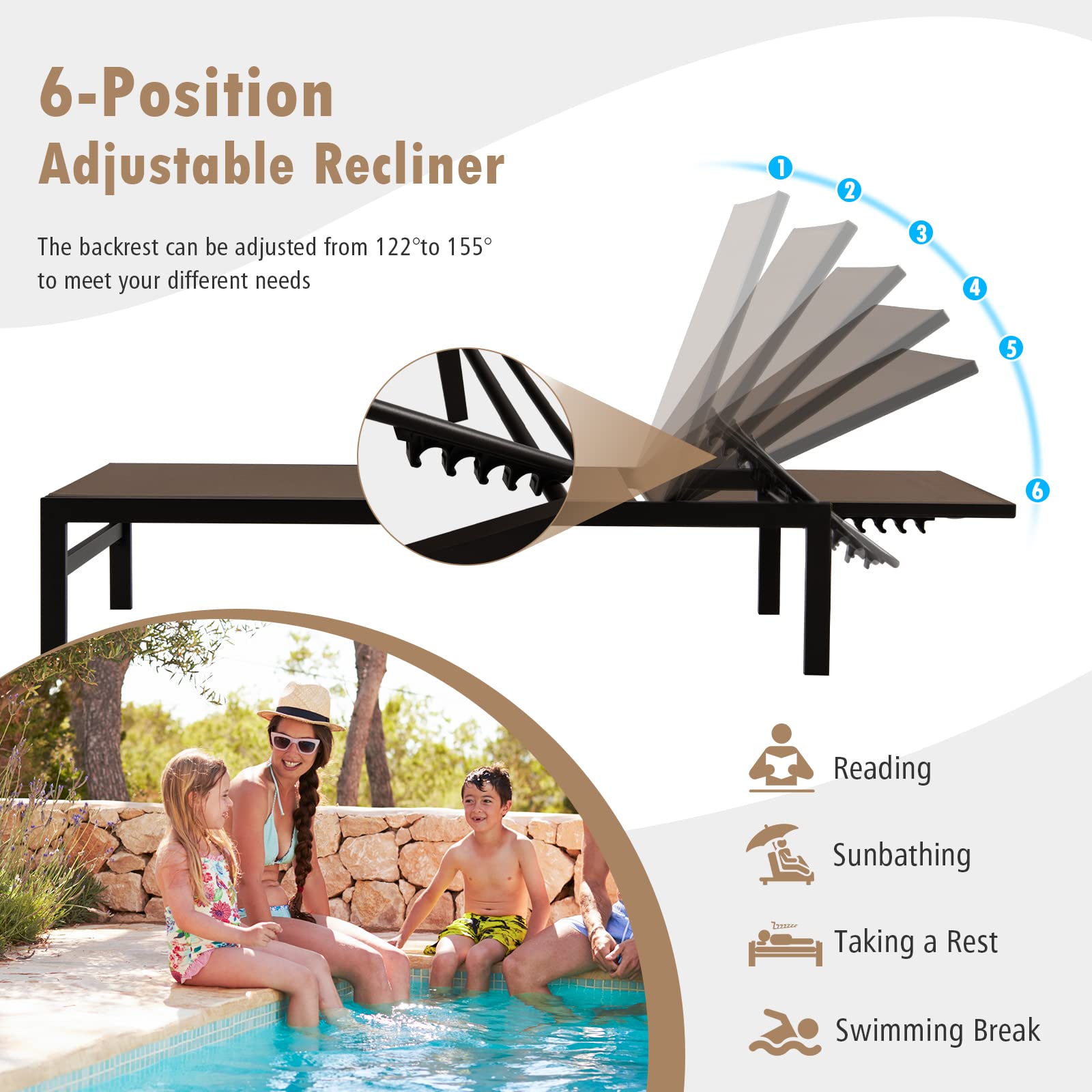 Brown Aluminum Adjustable Chaise Lounge Chairs