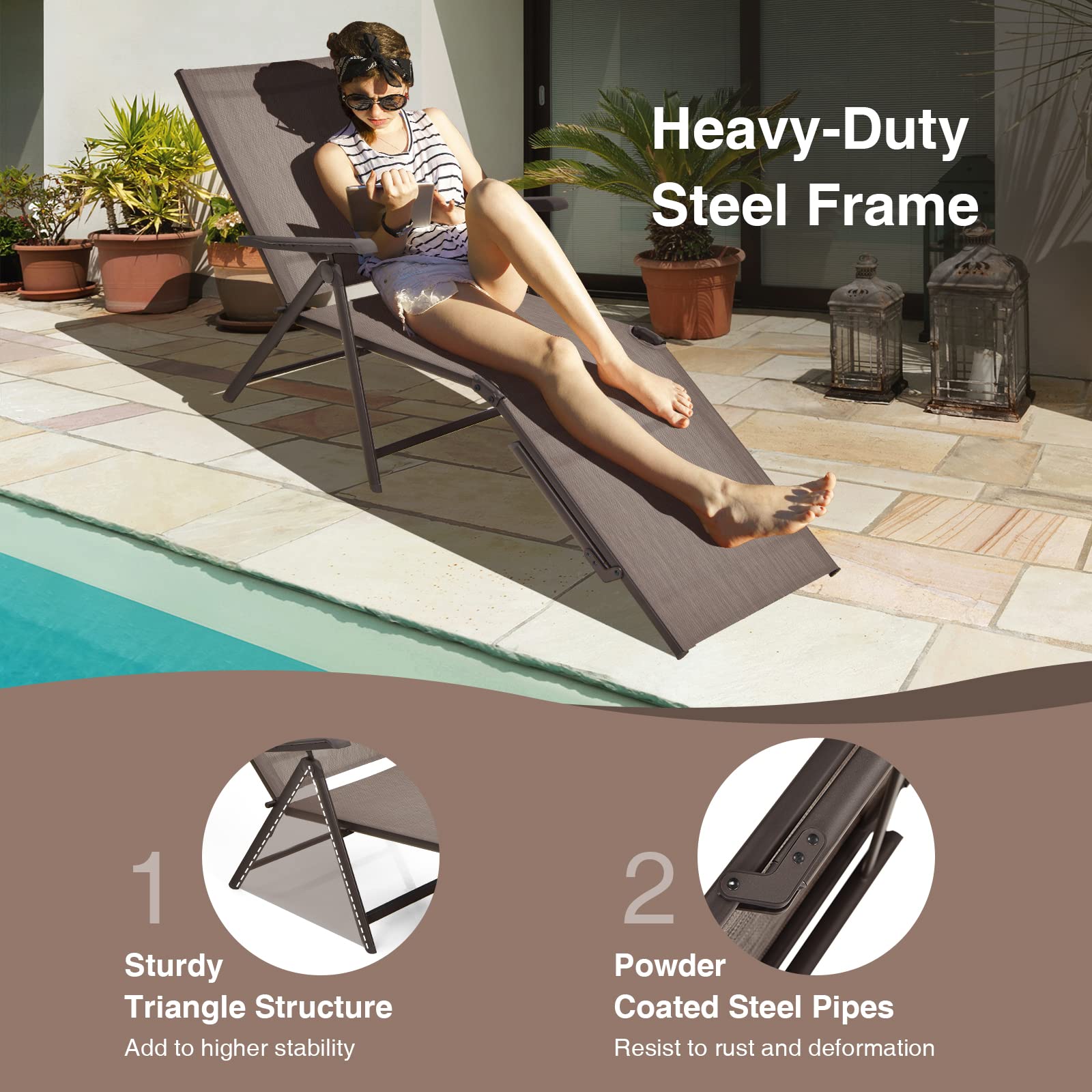 Brown Steel Outdoor Foldable Patio Chaise Lounge Chair