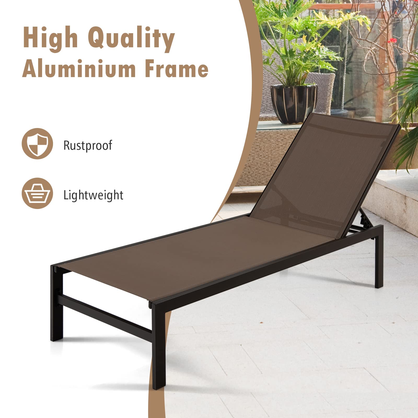 Brown Aluminum Adjustable Chaise Lounge Chairs