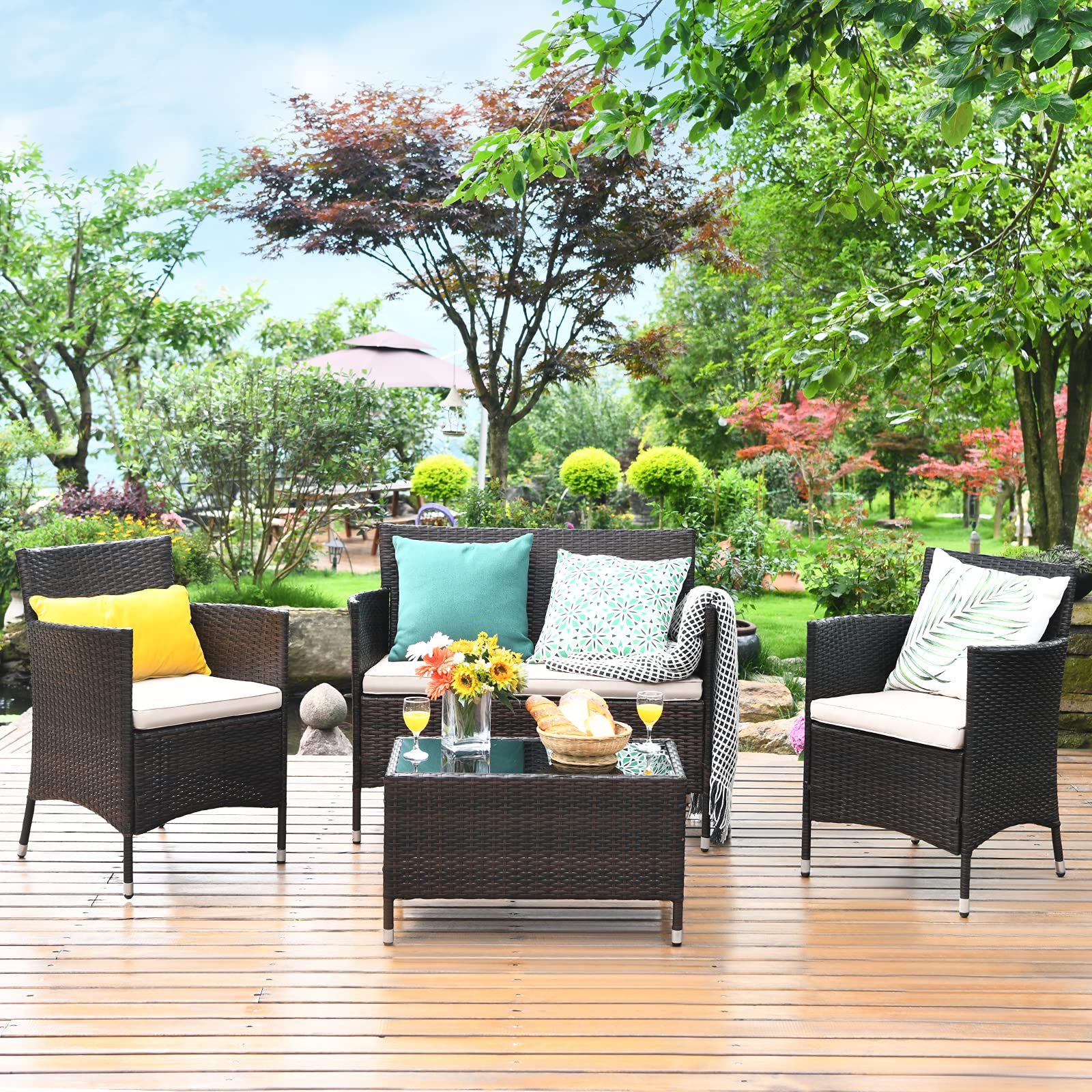 4-Piece Wicker Patio Conversation Set with Beige Cushion