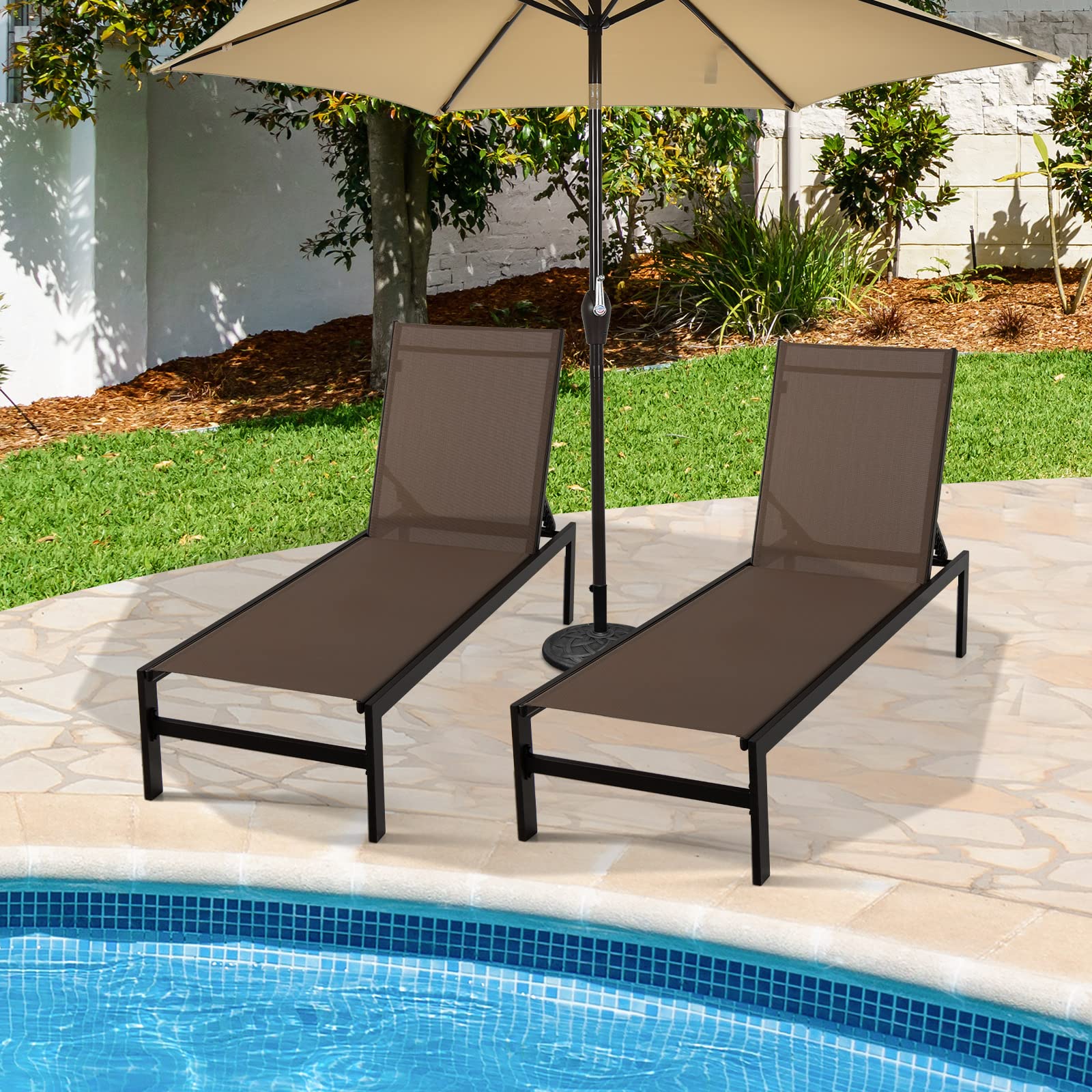 Brown Aluminum Adjustable Chaise Lounge Chairs