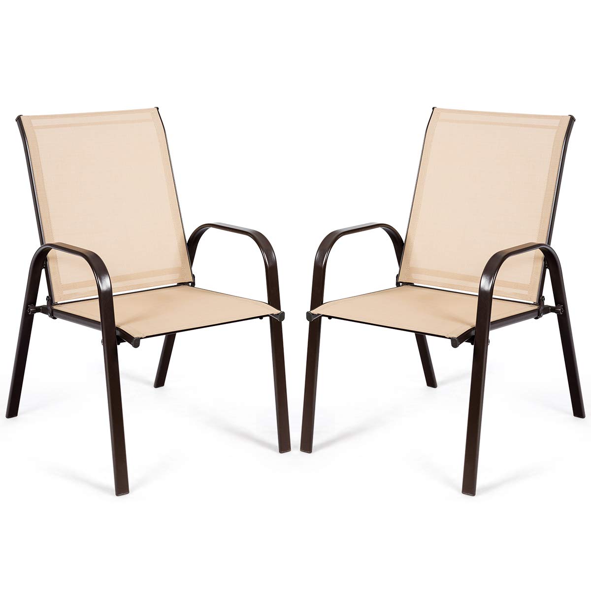 Beige Metal Outdoor Folding Recliner with Armrest (2-Pack)