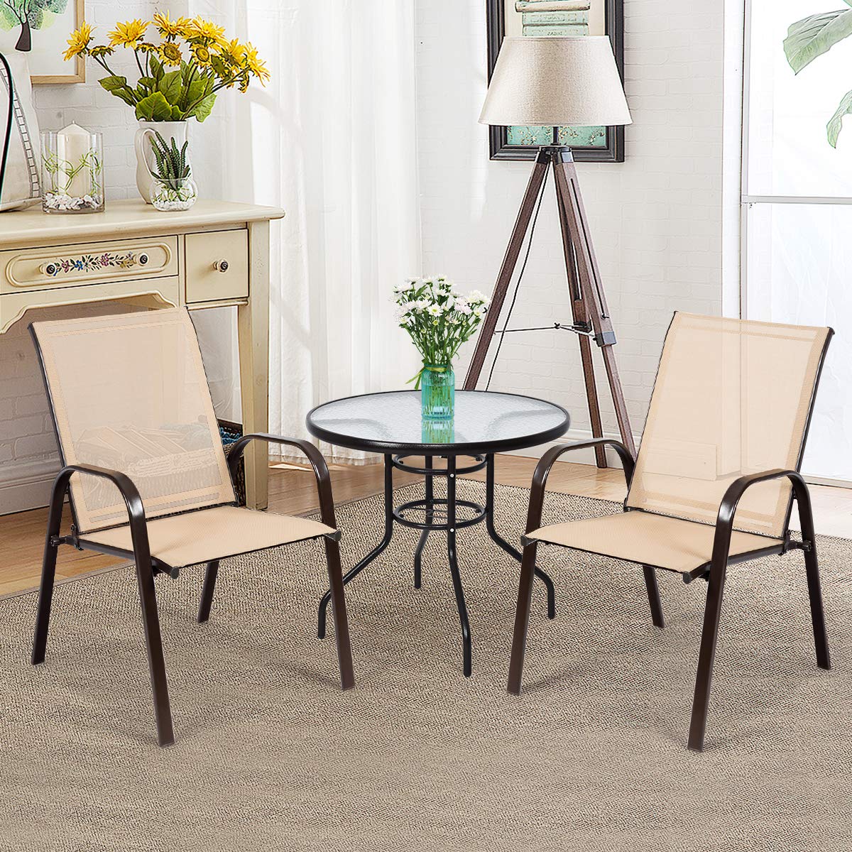 Beige Metal Outdoor Folding Recliner with Armrest (2-Pack)