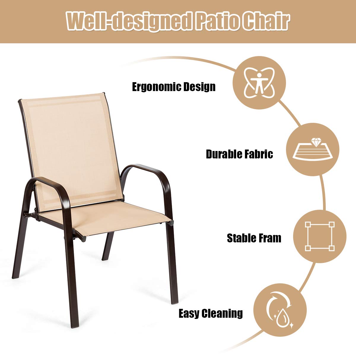 Beige Metal Outdoor Folding Recliner with Armrest (2-Pack)