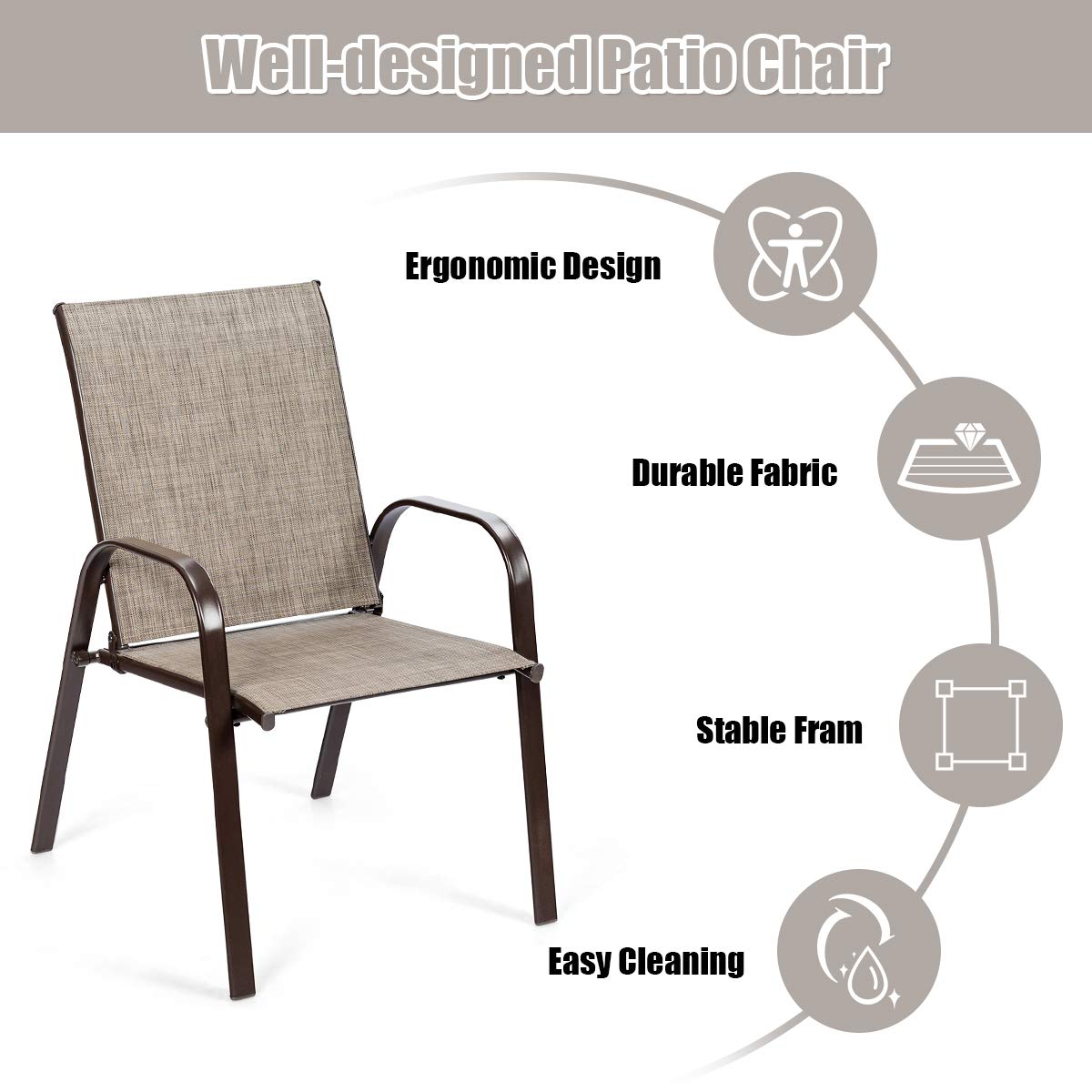 Gray Metal Outdoor Folding Recliner with Armrest (2-Pack)