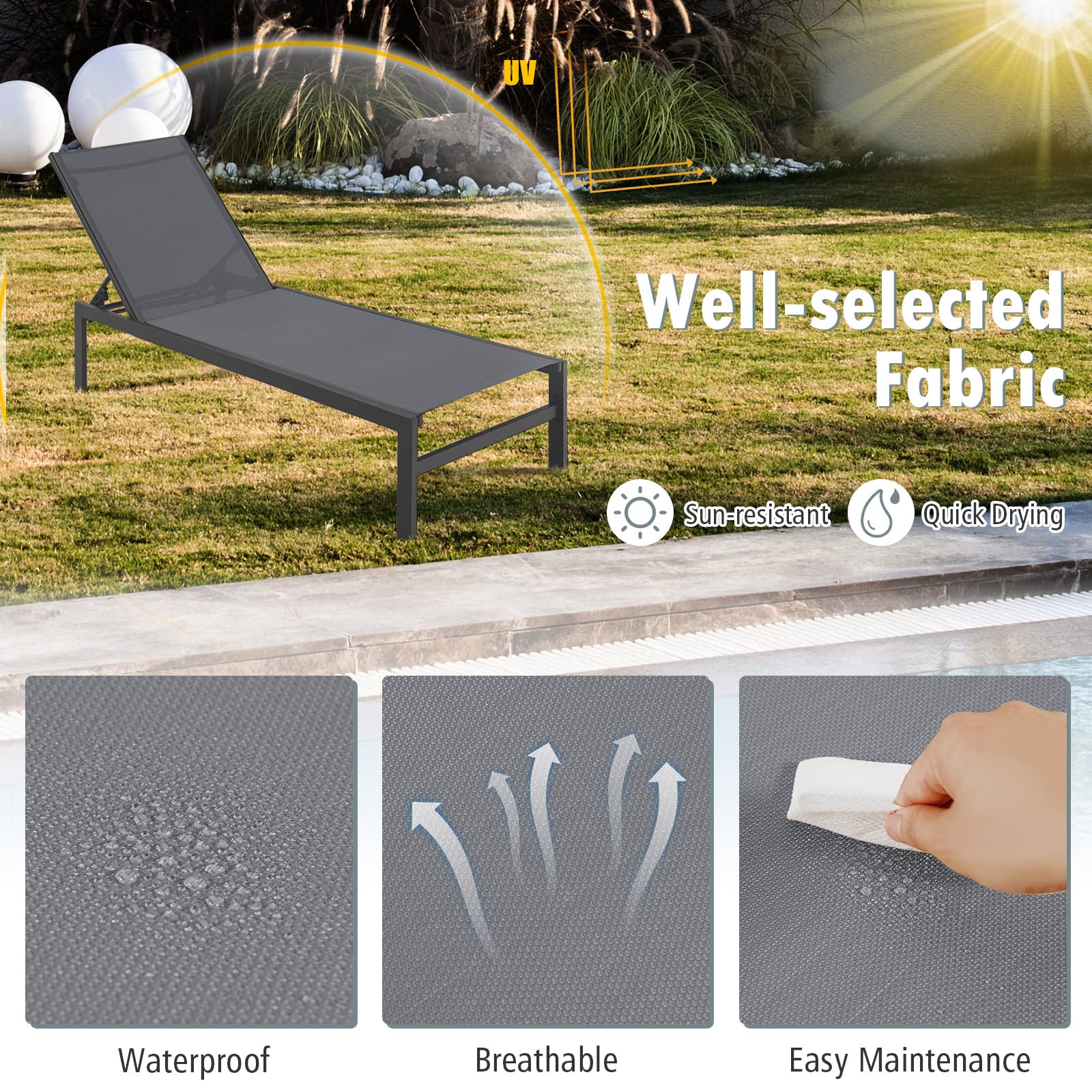 Gray Aluminum Adjustable Chaise Lounge Chairs