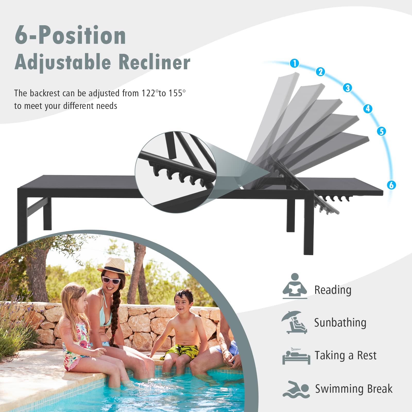 Gray Aluminum Adjustable Chaise Lounge Chairs