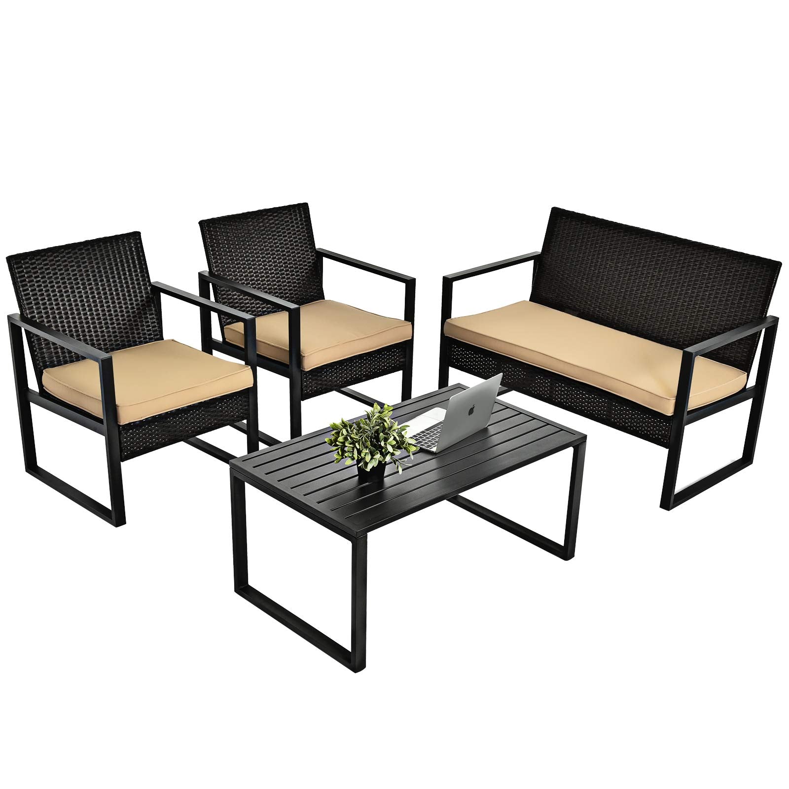 Black 4-Piece Metal Outdoor Patio Conversation Set with Brown Cushions and Coffee Table