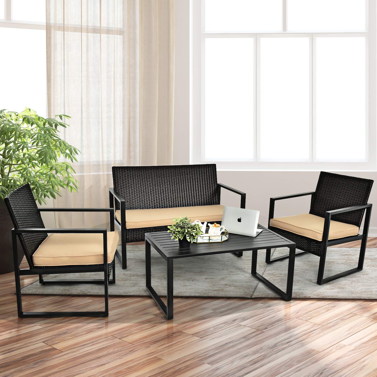 Black 4-Piece Metal Outdoor Patio Conversation Set with Brown Cushions and Coffee Table