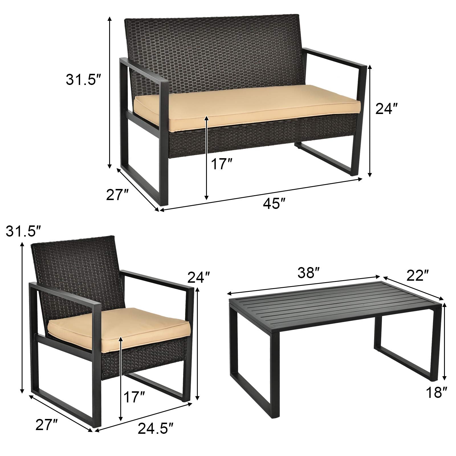 Black 4-Piece Metal Outdoor Patio Conversation Set with Brown Cushions and Coffee Table