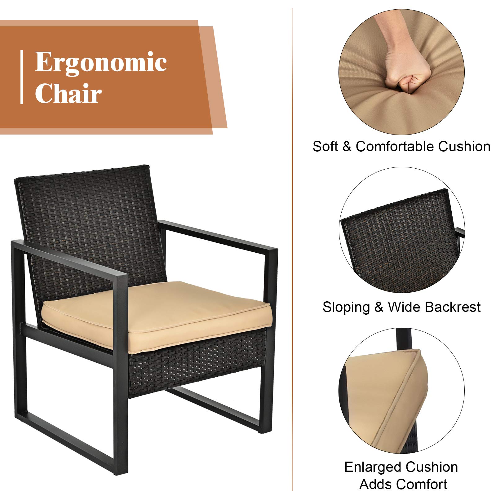 Black 4-Piece Metal Outdoor Patio Conversation Set with Brown Cushions and Coffee Table