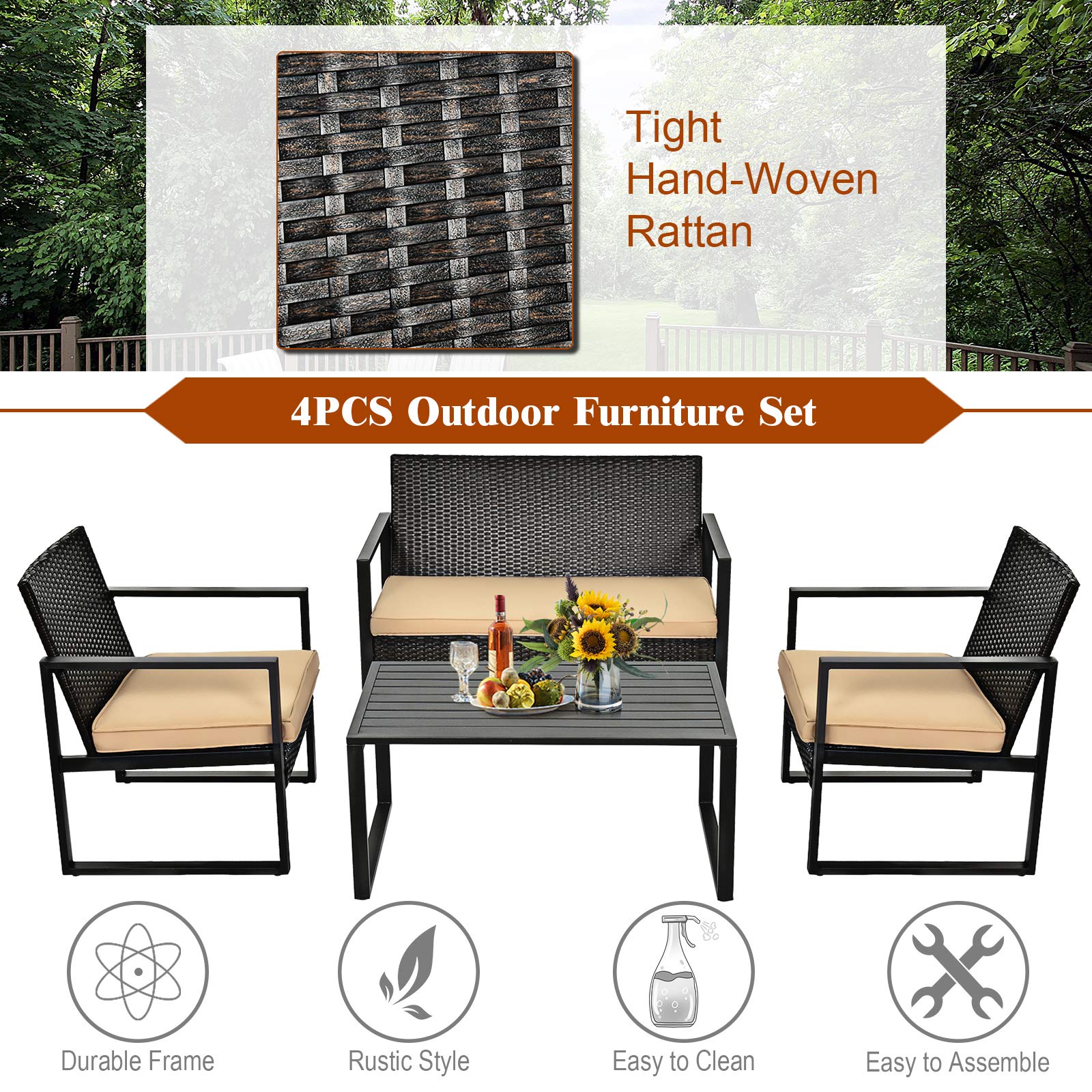 Black 4-Piece Metal Outdoor Patio Conversation Set with Brown Cushions and Coffee Table