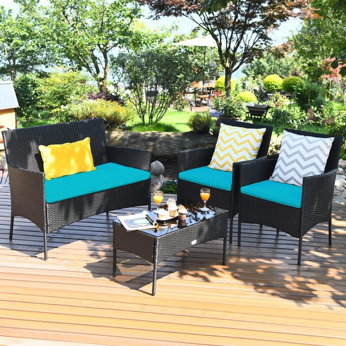 4-Piece Wicker Patio Conversation Seating Set with Tempered Glass Coffee Table and Turquoise Cushions