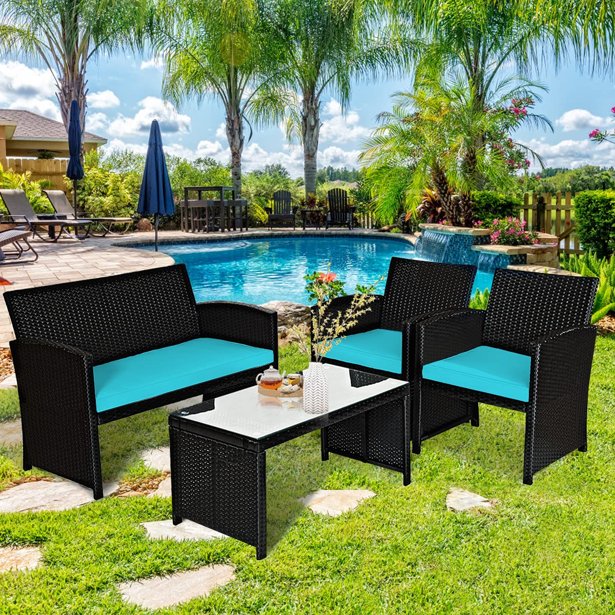 Black 4-Piece Wicker Patio Conversation Set with Turquoise Cushions