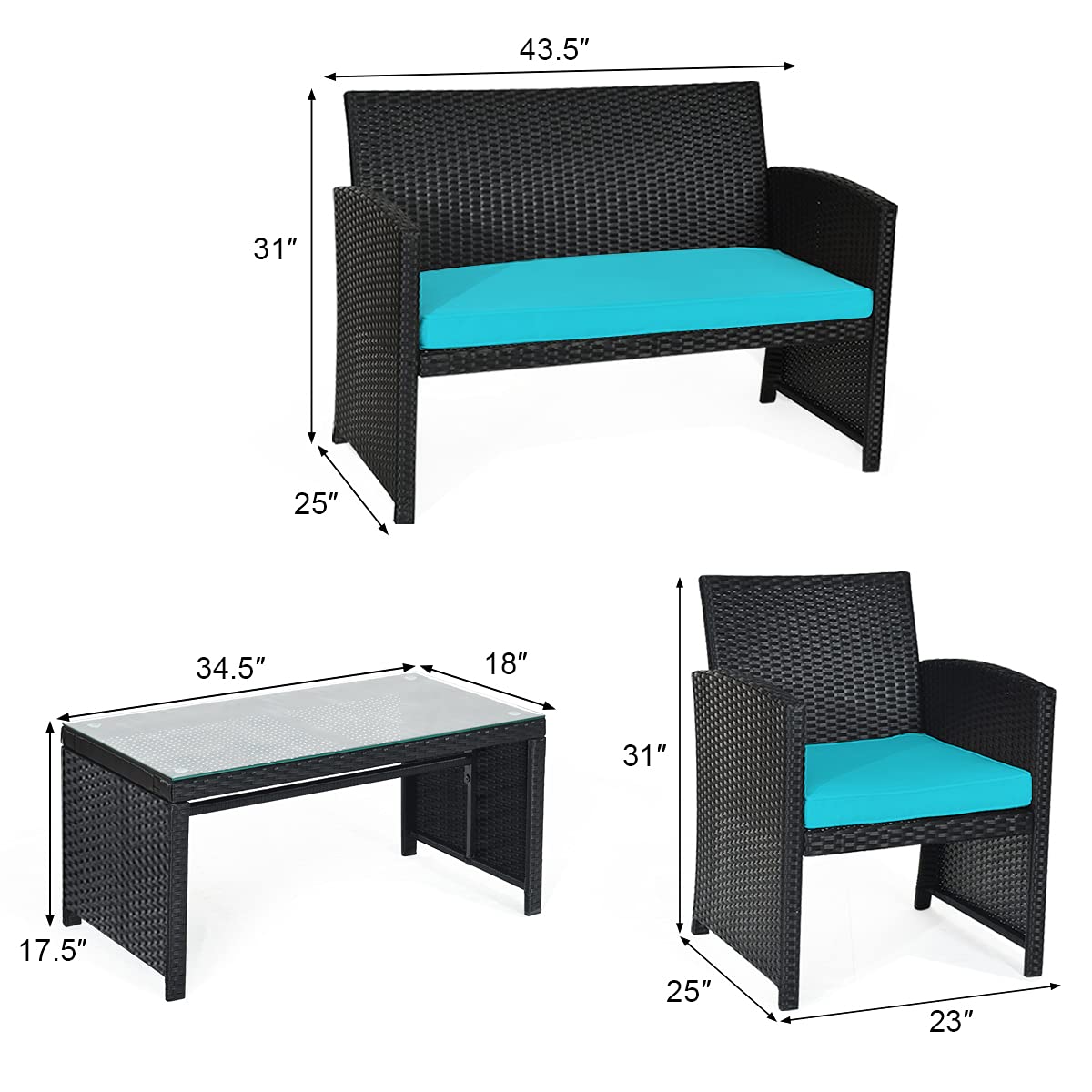 Black 4-Piece Wicker Patio Conversation Set with Turquoise Cushions