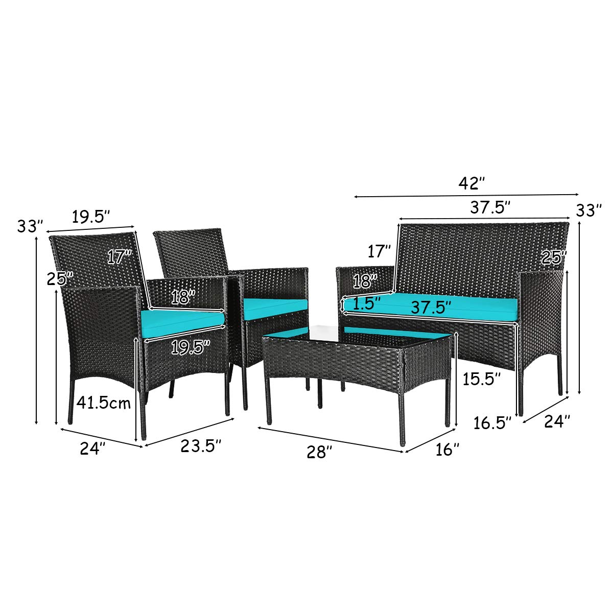 4-Piece Wicker Patio Conversation Seating Set with Tempered Glass Coffee Table and Turquoise Cushions