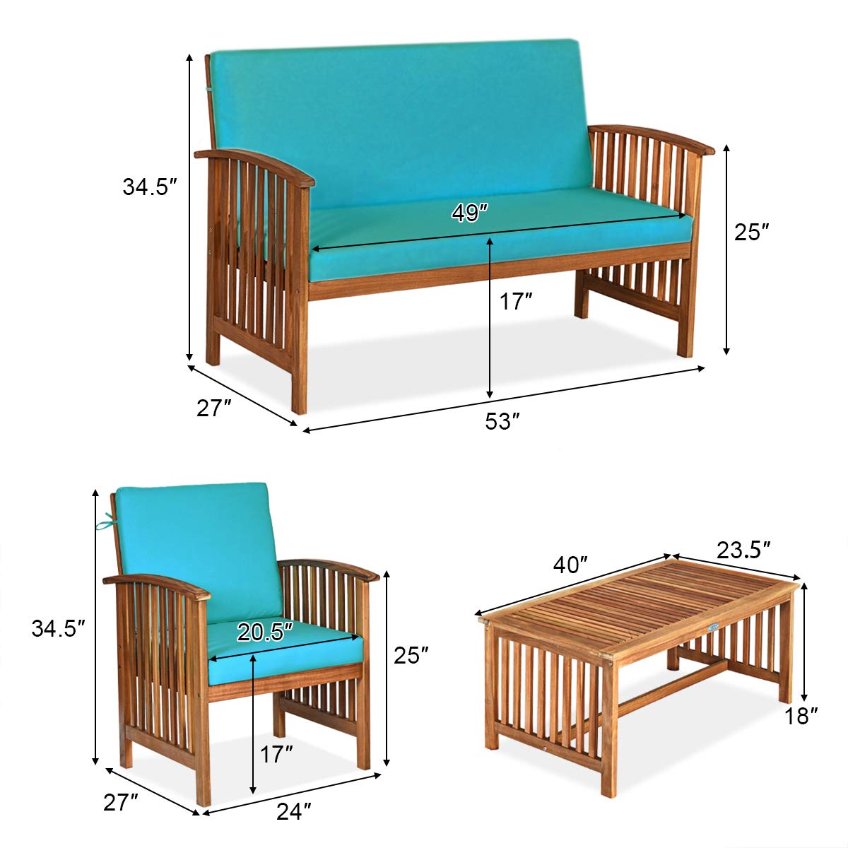 4-Piece Wood Outdoor Patio Conversation Seating Set with Turquoise Cushions