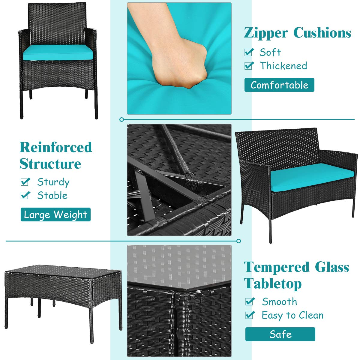 4-Piece Wicker Patio Conversation Seating Set with Tempered Glass Coffee Table and Turquoise Cushions