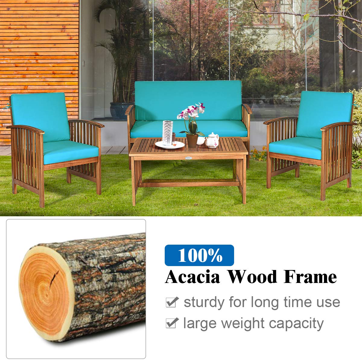 4-Piece Wood Outdoor Patio Conversation Seating Set with Turquoise Cushions