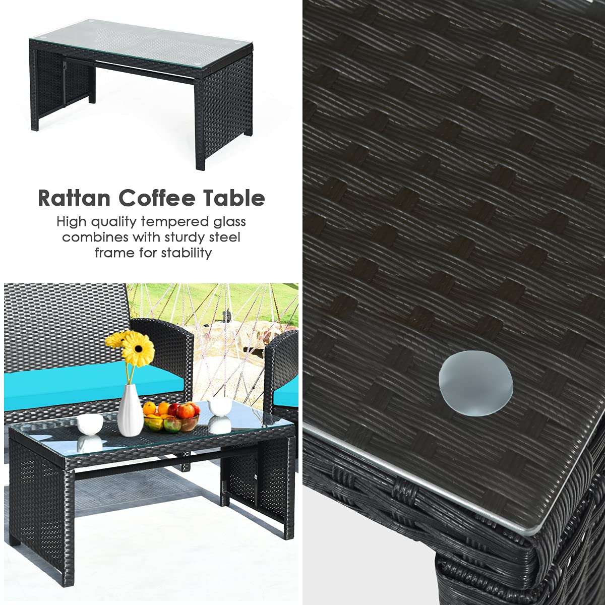 Black 4-Piece Wicker Patio Conversation Set with Turquoise Cushions