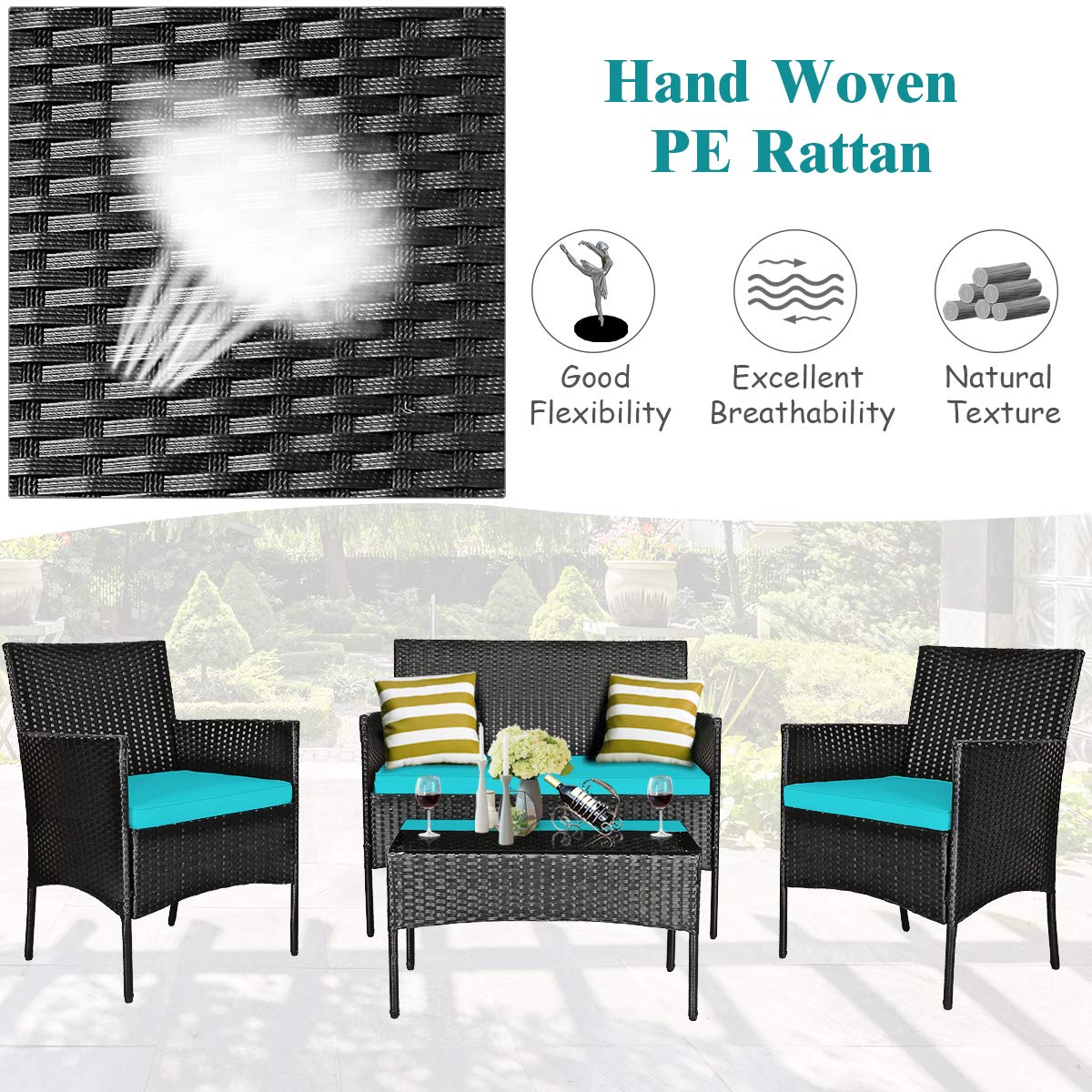 4-Piece Wicker Patio Conversation Seating Set with Tempered Glass Coffee Table and Turquoise Cushions