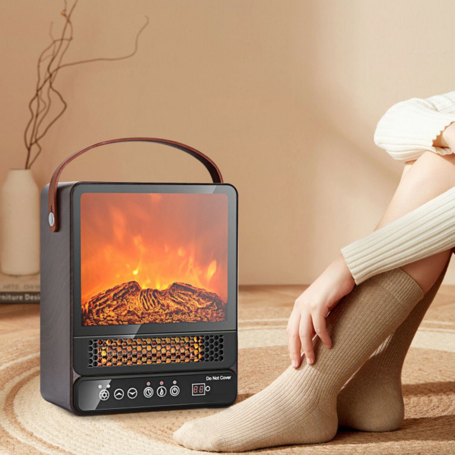 SUGIFT 1500W Electric Fireplace Tabletop Portable Space Heater with 3D Flame Effect-Walnut