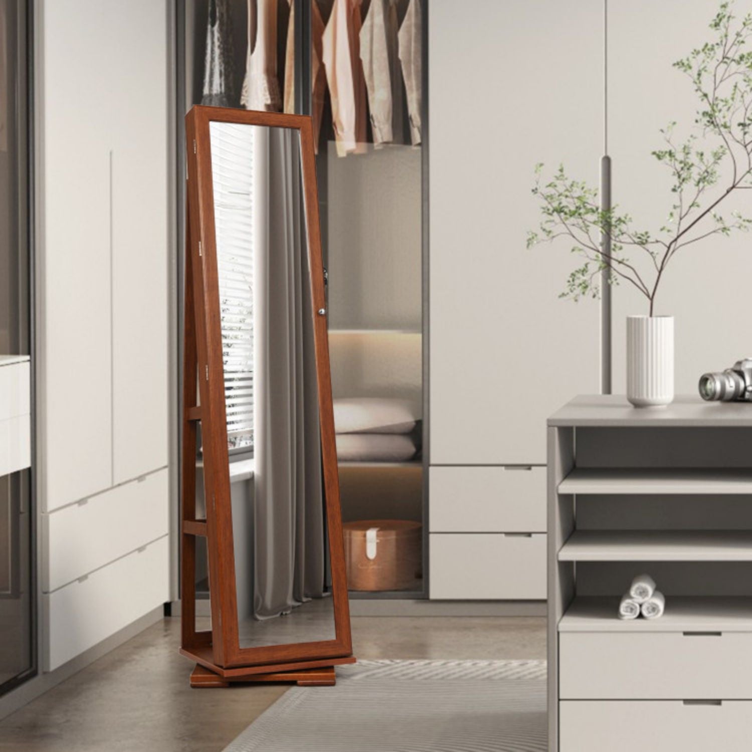 SUGIFT 360¡ã Rotatable 2-in-1 Lockable Jewelry Cabinet with Full-Length Mirror-Brown