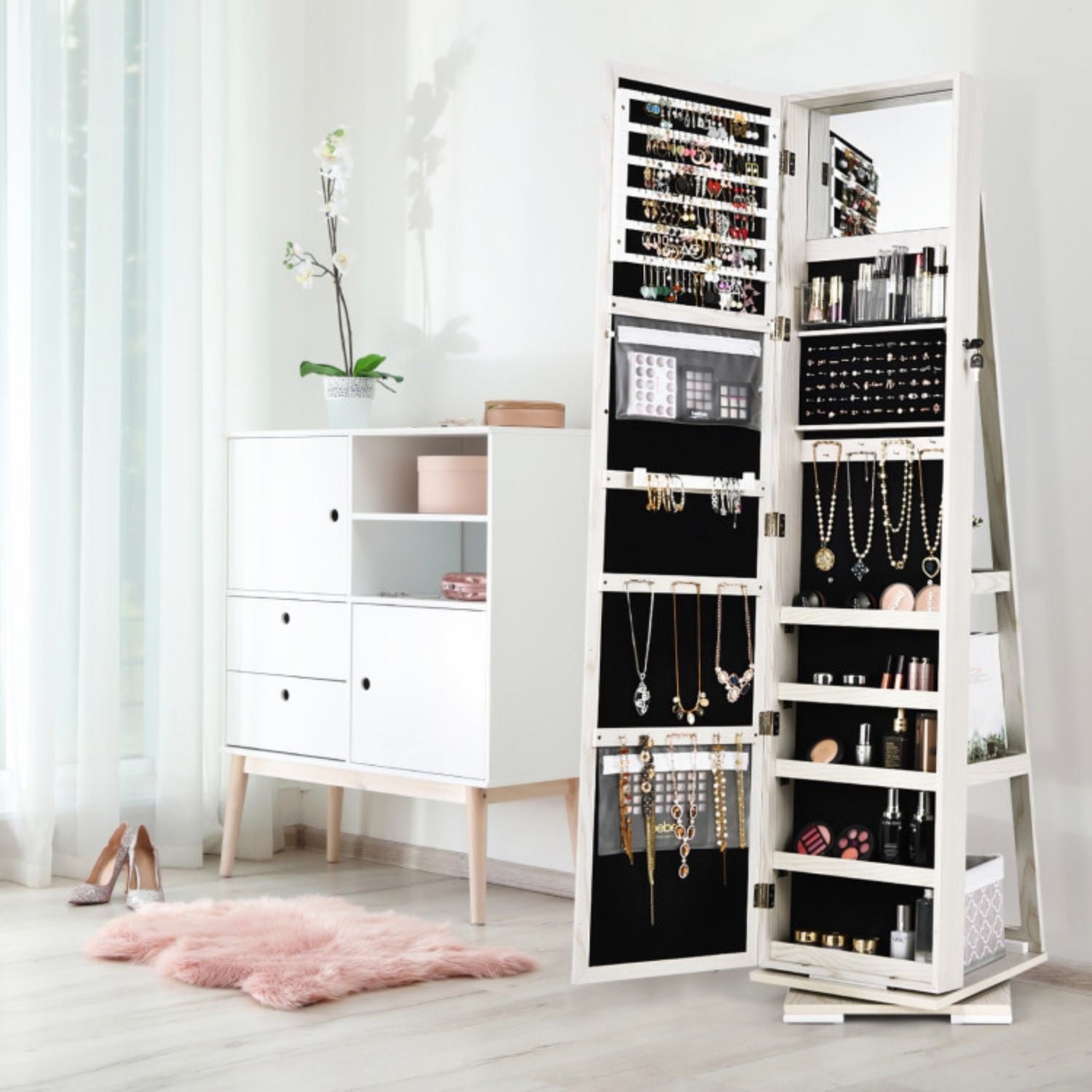 SUGIFT 360¡ã Rotatable 2-in-1 Lockable Jewelry Cabinet with Full-Length Mirror-White