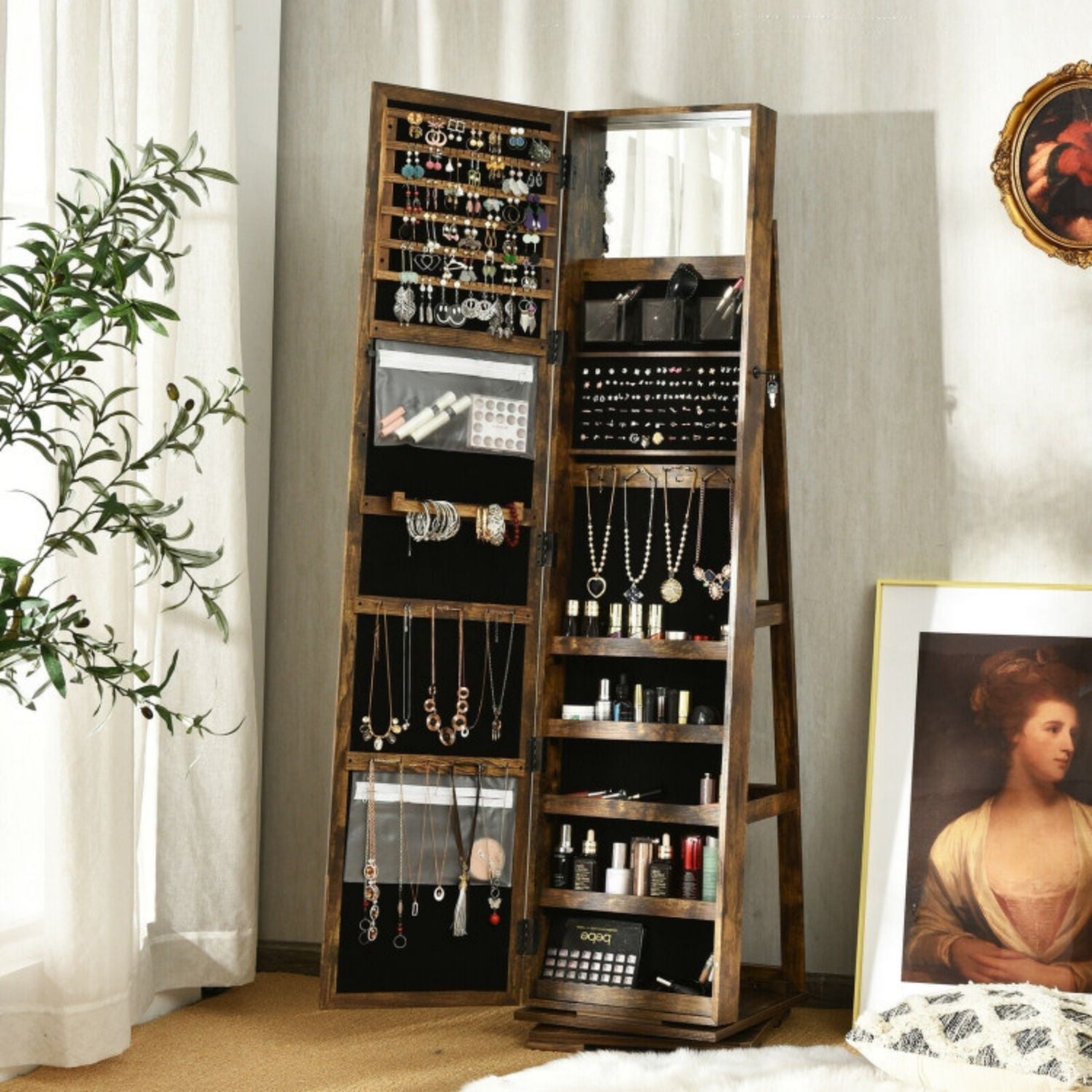 SUGIFT 360¡ã Rotatable 2-in-1 Lockable Jewelry Cabinet with Full-Length Mirror-Rustic Brown