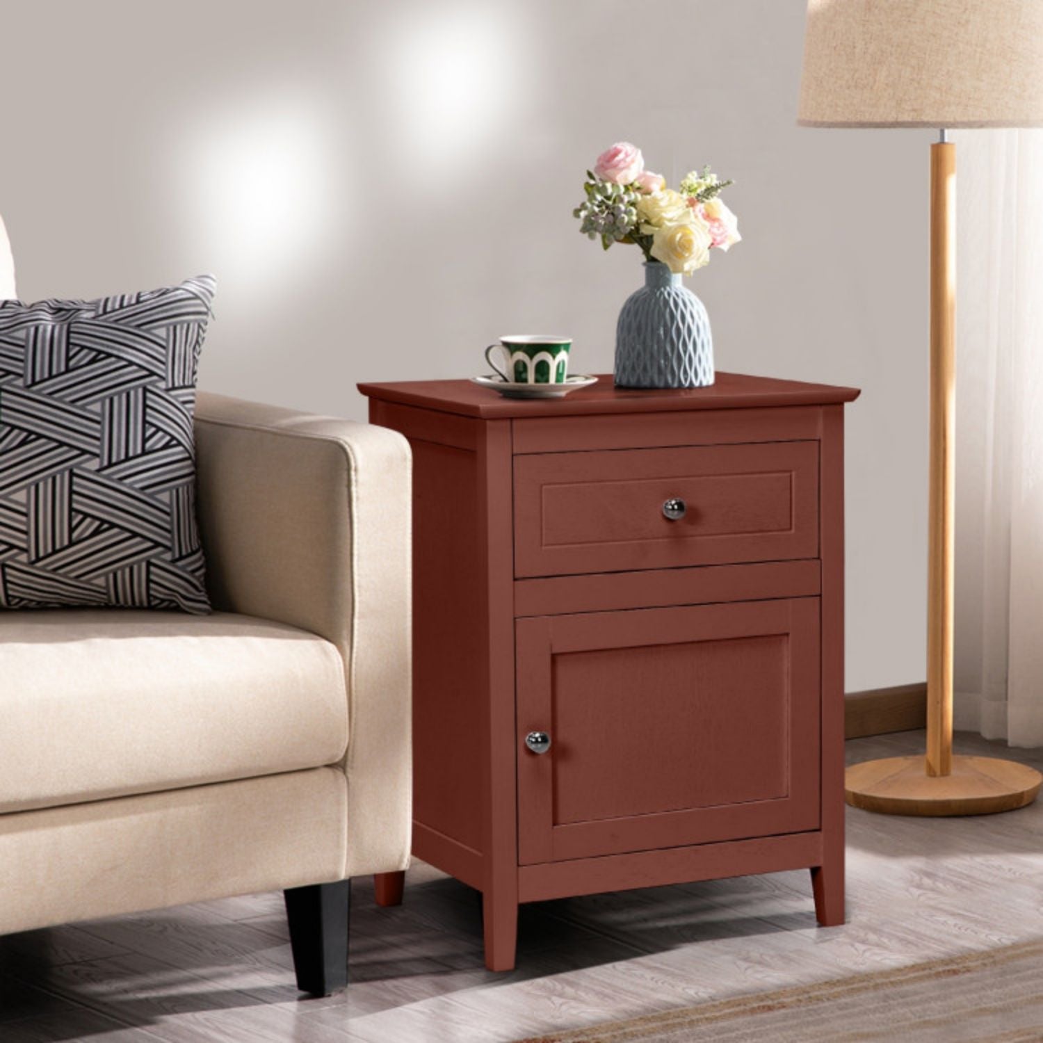 SUGIFT 2-Tier Accent Table with Spacious Tabletop-Cherry