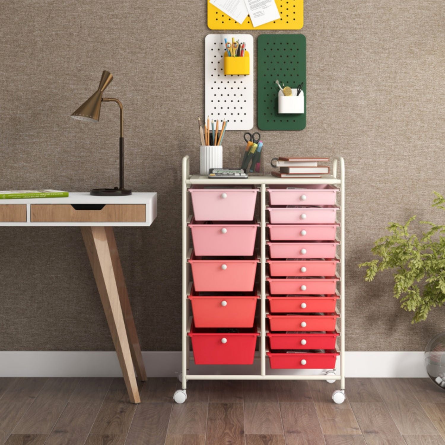 SUGIFT 15-Drawer Utility Rolling Organizer Cart Multi-Use Storage-Pink