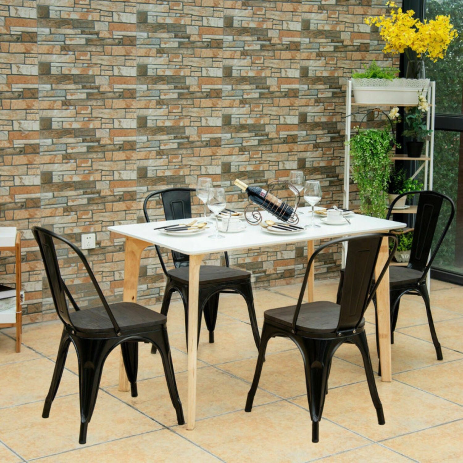 SUGIFT 18 Inch Height Set of 4 Stackable Style Metal Wood Dining Chair-Black