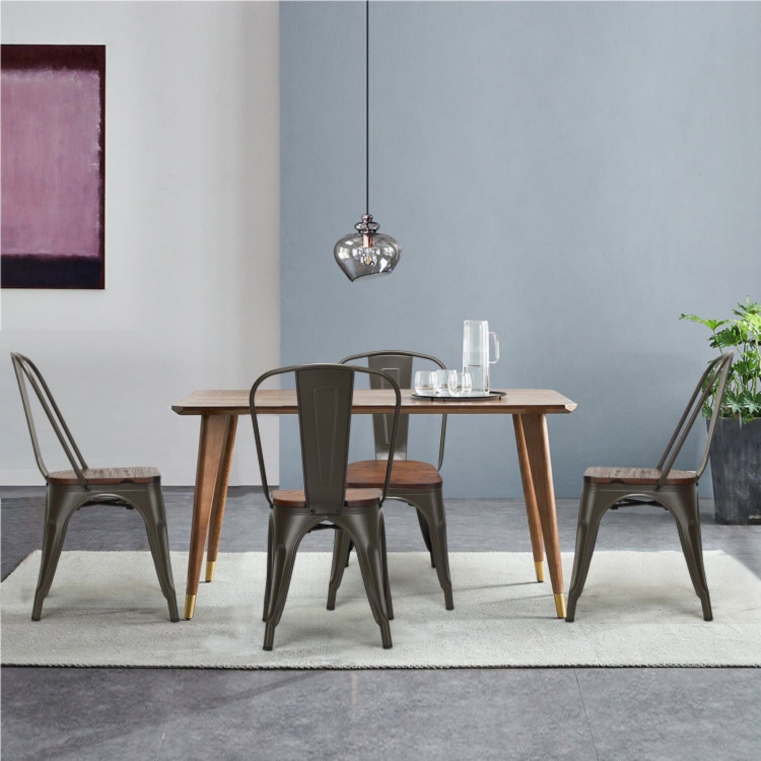 SUGIFT 18 Inch Height Set of 4 Stackable Style Metal Wood Dining Chair-Dark Green