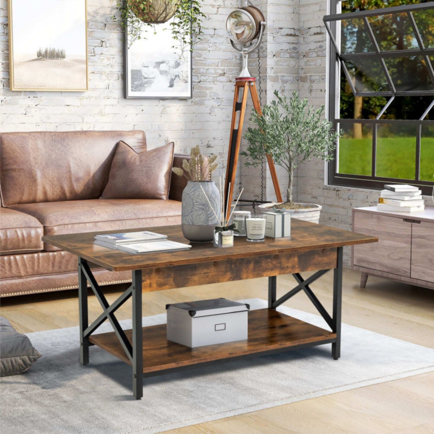 SUGIFT 2-Tier Industrial Rectangular Coffee Table with Storage Shelf-Rustic Brown