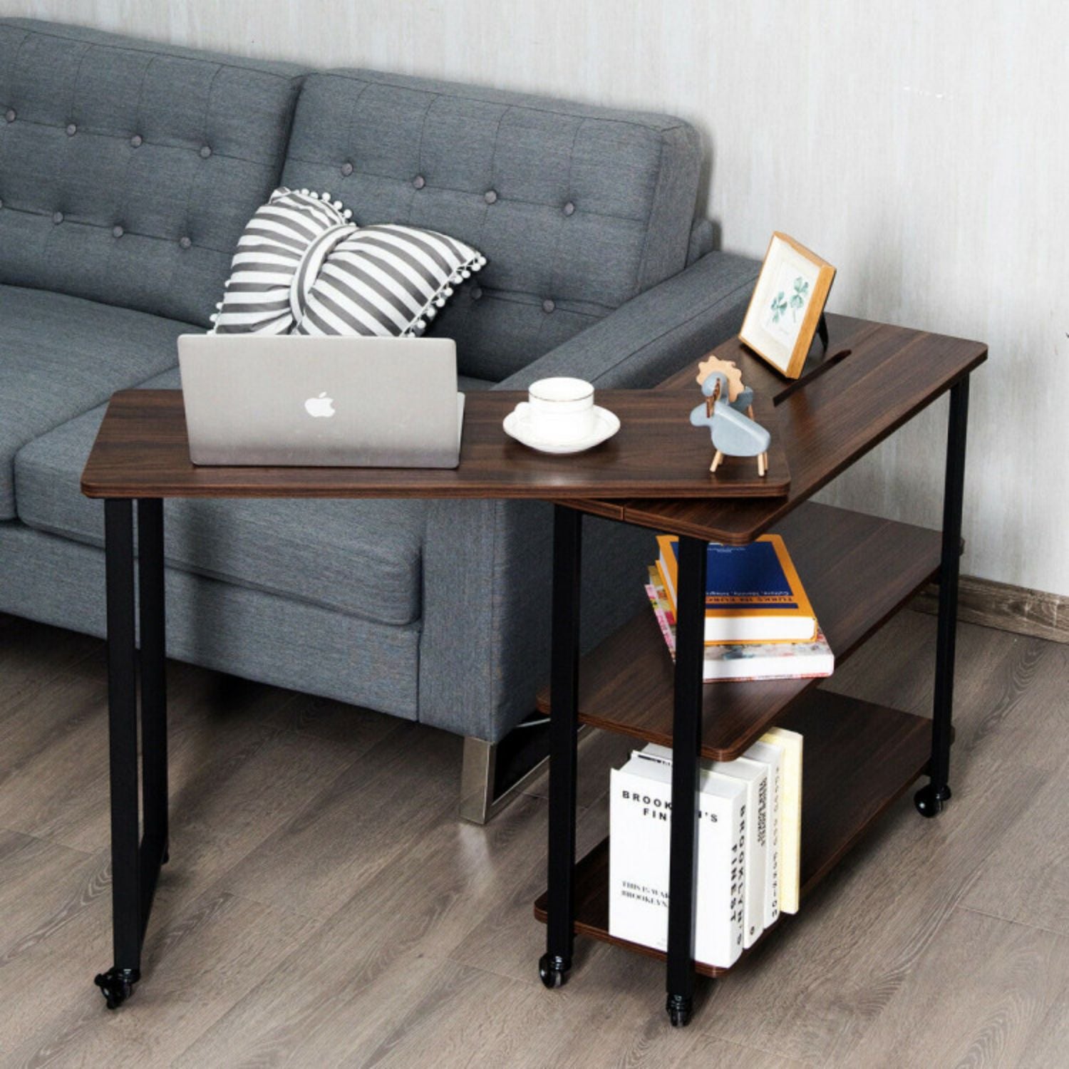 SUGIFT 360¡ã Rotating Sofa Side Table with Storage Shelves and Wheels-Walnut